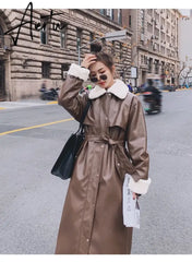 Winter Long Warm Thick Leather Trench Coat for Women with Faux Fur Inside Belt Loose Korean Fashion  Fur Lined Parka Aiertu
