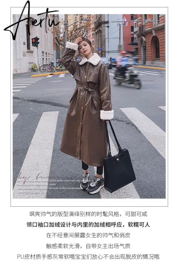 Winter Long Warm Thick Leather Trench Coat for Women with Faux Fur Inside Belt Loose Korean Fashion  Fur Lined Parka Aiertu