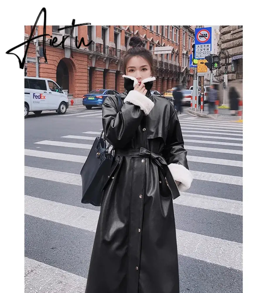 Winter Long Warm Thick Leather Trench Coat for Women with Faux Fur Inside Belt Loose Korean Fashion  Fur Lined Parka Aiertu