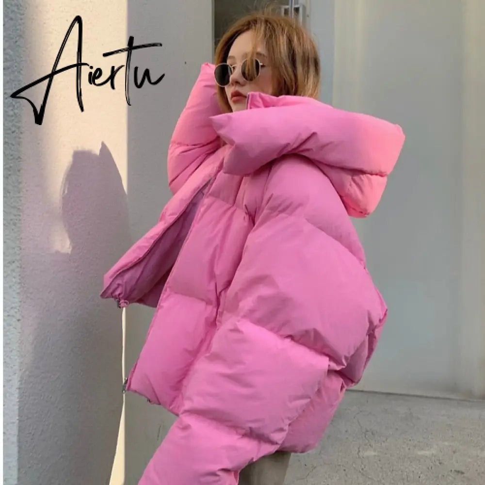 Winter new Korean style fluffy hooded bread down jacket women thick loose short jacket Aiertu