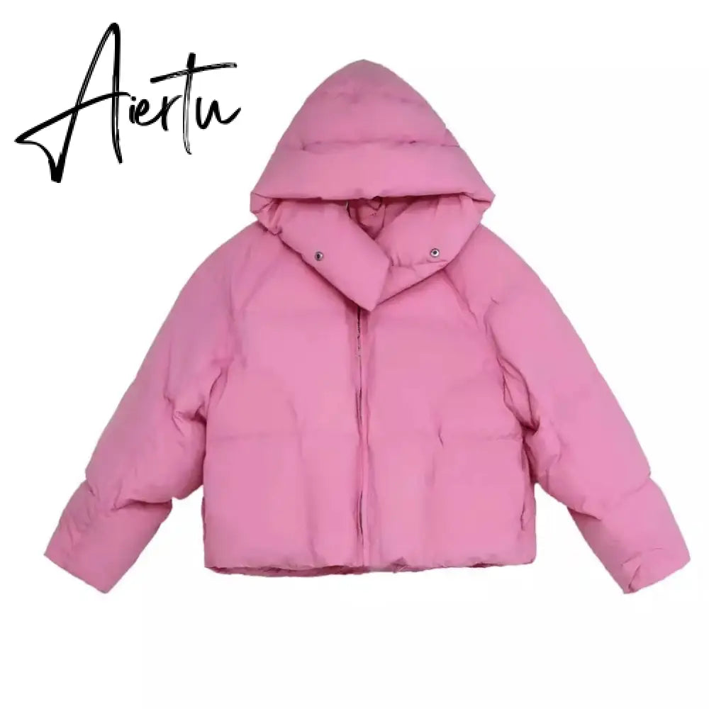 Winter new Korean style fluffy hooded bread down jacket women thick loose short jacket Aiertu