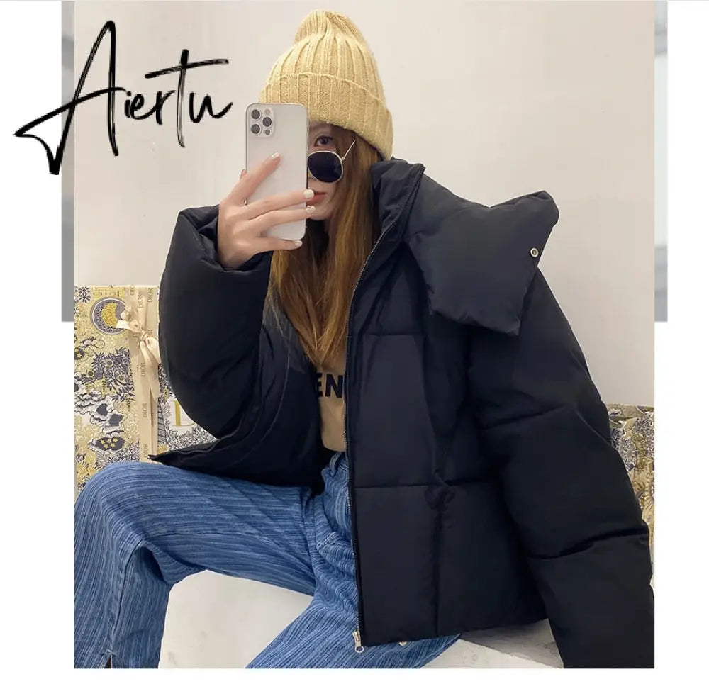 Winter new Korean style fluffy hooded bread down jacket women thick loose short jacket Aiertu