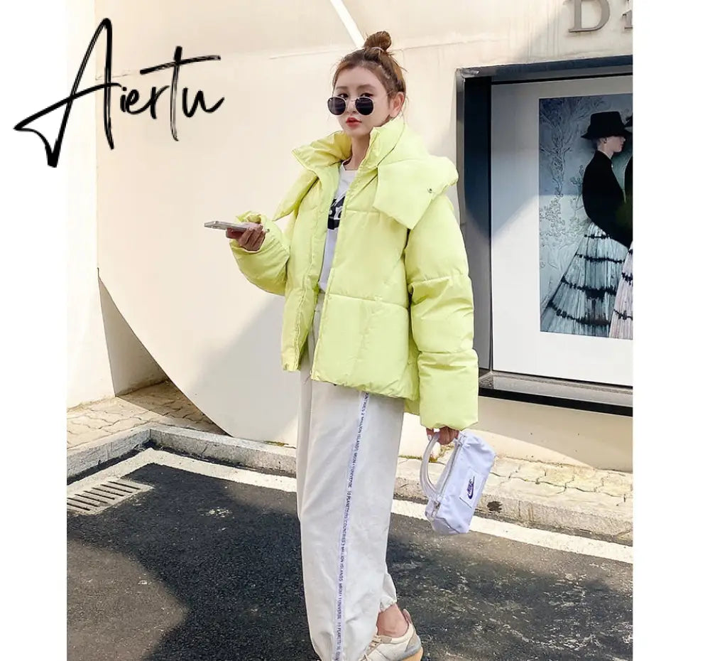 Winter new Korean style fluffy hooded bread down jacket women thick loose short jacket Aiertu