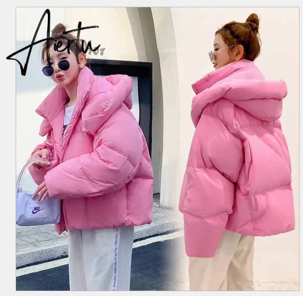 Winter new Korean style fluffy hooded bread down jacket women thick loose short jacket Aiertu