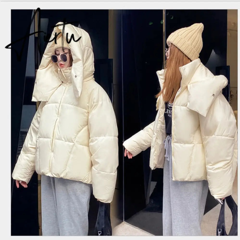 Winter new Korean style fluffy hooded bread down jacket women thick loose short jacket Aiertu