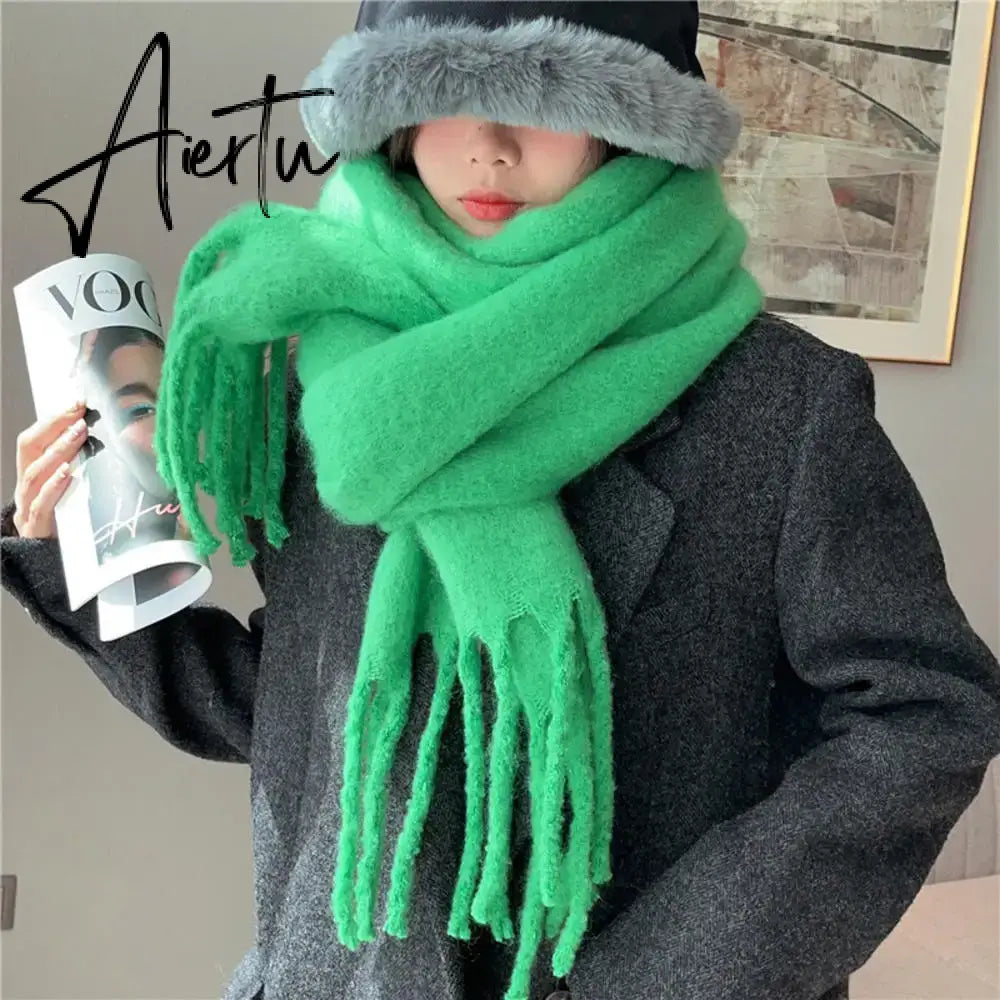 Winter Scarf Women Luxury Autumn Winter Cashmere Scarf Thickened Warm Shawl Classic Tassels Fluffy Scarf Solid Color Soft Shawl Aiertu