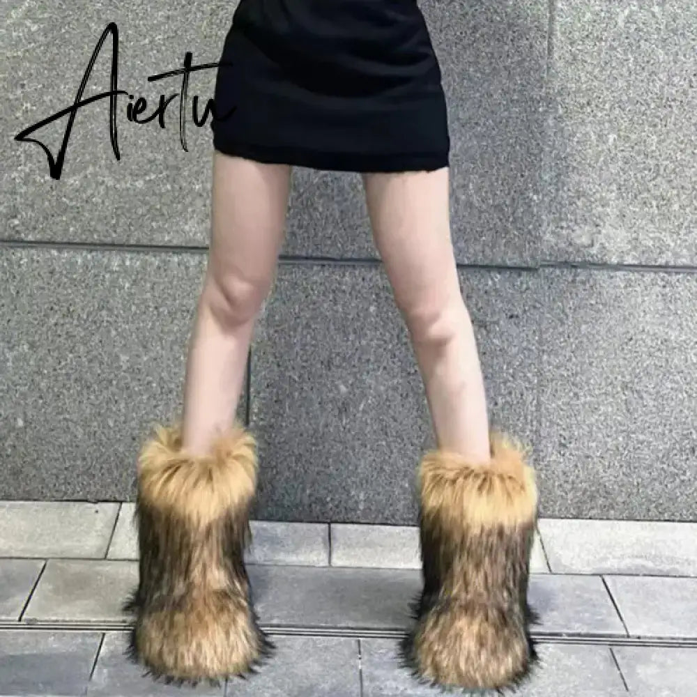 Winter Shoe Women's Winter Fluffy Faux Fox Fur Boots Woman Plush Warm Snow Boots Luxury Footwear Girls' Furry Fur Bottes Fashion Aiertu