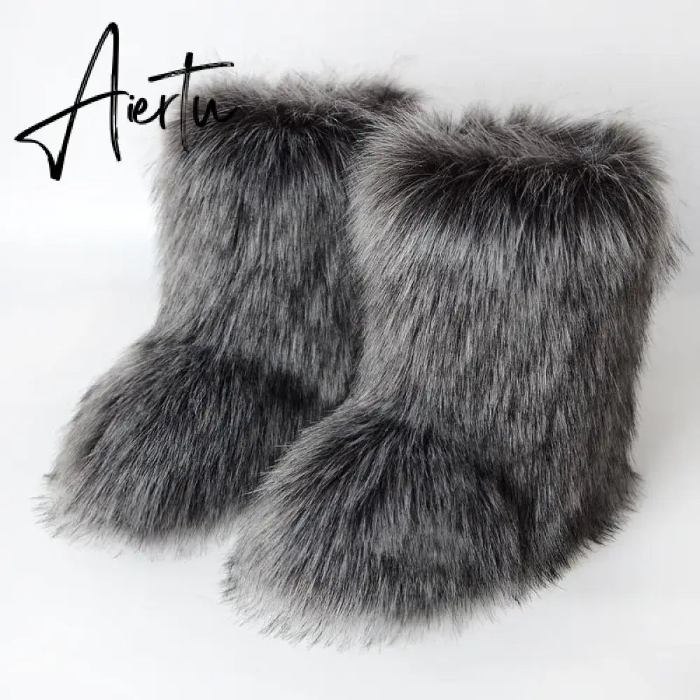 Winter Shoe Women's Winter Fluffy Faux Fox Fur Boots Woman Plush Warm Snow Boots Luxury Footwear Girls' Furry Fur Bottes Fashion Aiertu