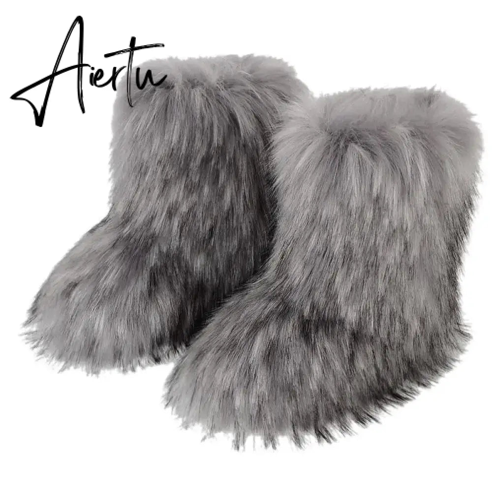 Winter Shoe Women's Winter Fluffy Faux Fox Fur Boots Woman Plush Warm Snow Boots Luxury Footwear Girls' Furry Fur Bottes Fashion Aiertu