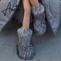 Winter Shoe Women's Winter Fluffy Faux Fox Fur Boots Woman Plush Warm Snow Boots Luxury Footwear Girls' Furry Fur Bottes Fashion Aiertu