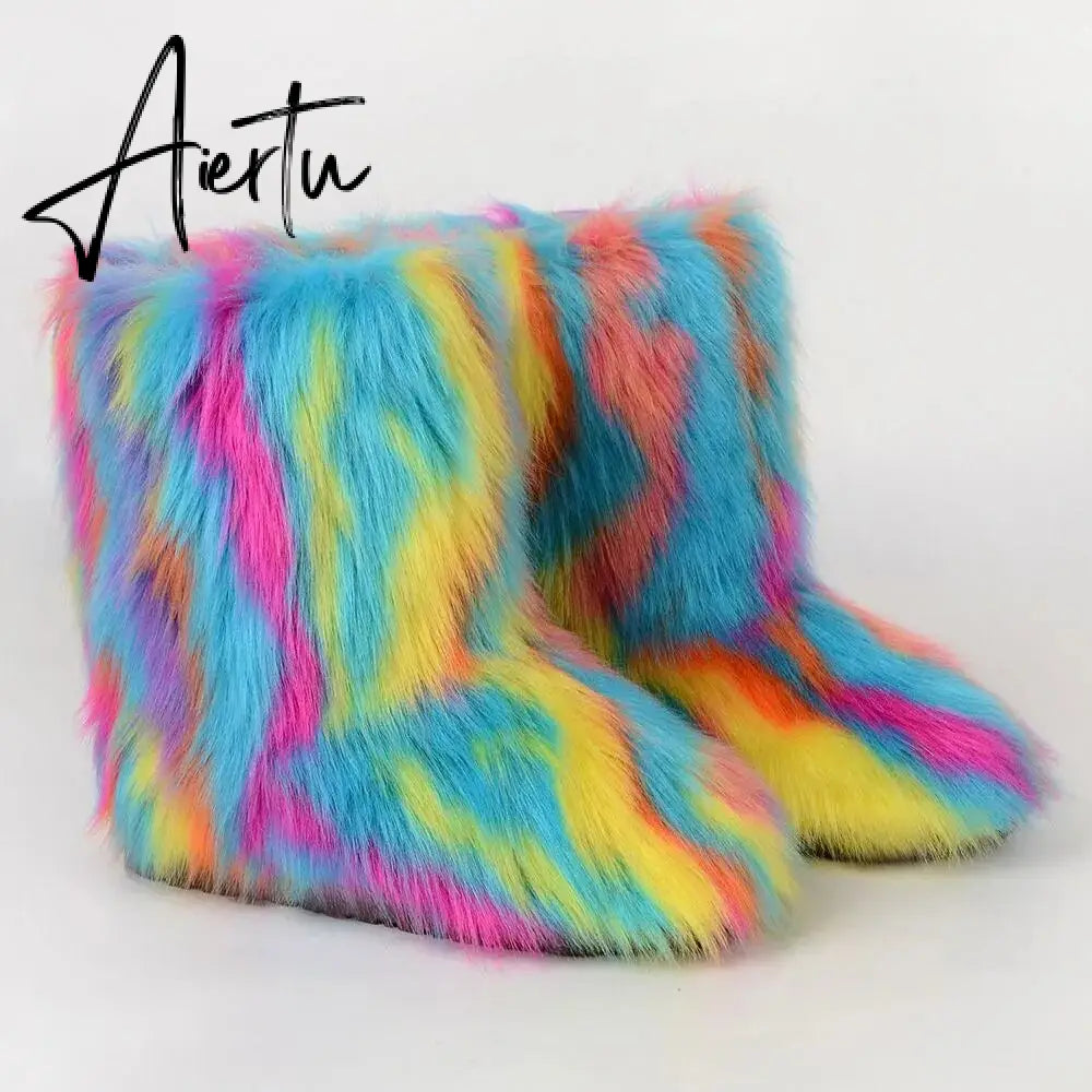 Winter Shoe Women's Winter Fluffy Faux Fox Fur Boots Woman Plush Warm Snow Boots Luxury Footwear Girls' Furry Fur Bottes Fashion Aiertu