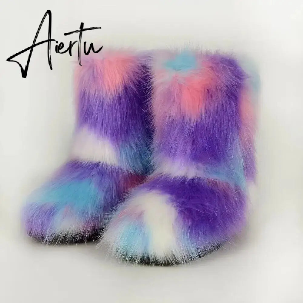 Winter Shoe Women's Winter Fluffy Faux Fox Fur Boots Woman Plush Warm Snow Boots Luxury Footwear Girls' Furry Fur Bottes Fashion Aiertu