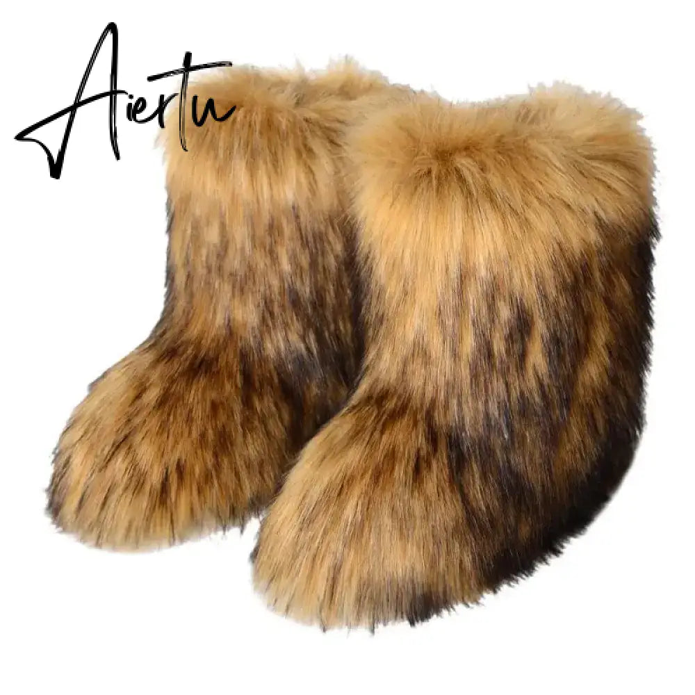 Winter Shoe Women's Winter Fluffy Faux Fox Fur Boots Woman Plush Warm Snow Boots Luxury Footwear Girls' Furry Fur Bottes Fashion Aiertu