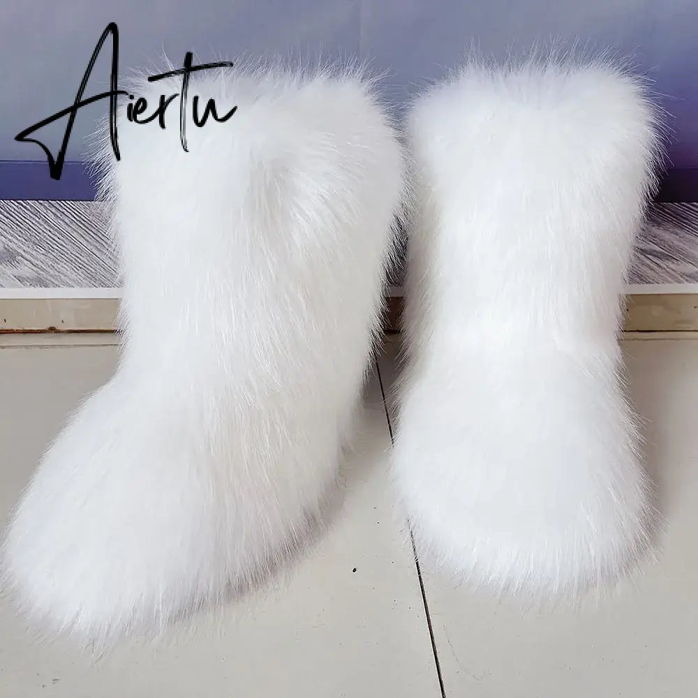 Winter Shoe Women's Winter Fluffy Faux Fox Fur Boots Woman Plush Warm Snow Boots Luxury Footwear Girls' Furry Fur Bottes Fashion Aiertu