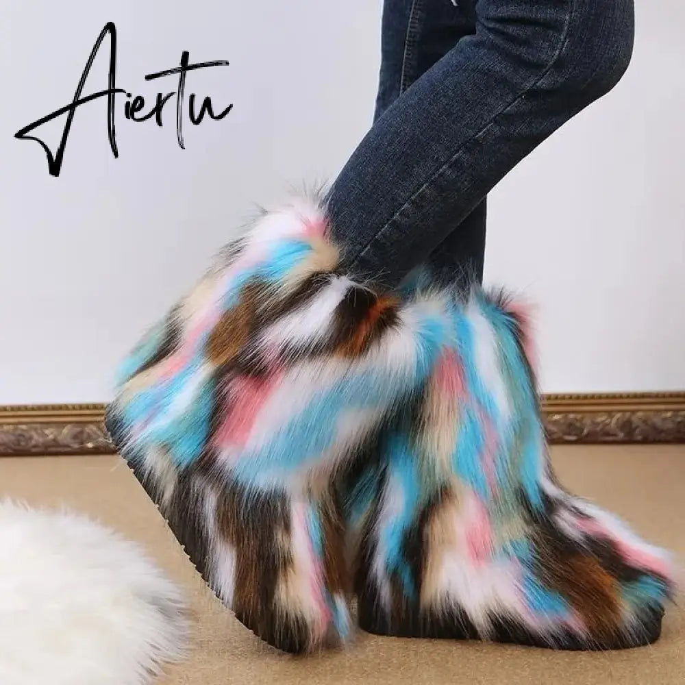 Winter Shoe Women's Winter Fluffy Faux Fox Fur Boots Woman Plush Warm Snow Boots Luxury Footwear Girls' Furry Fur Bottes Fashion Aiertu