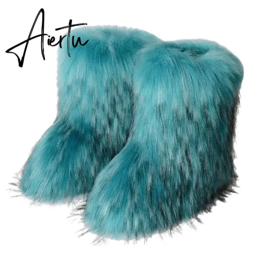 Winter Shoe Women's Winter Fluffy Faux Fox Fur Boots Woman Plush Warm Snow Boots Luxury Footwear Girls' Furry Fur Bottes Fashion Aiertu