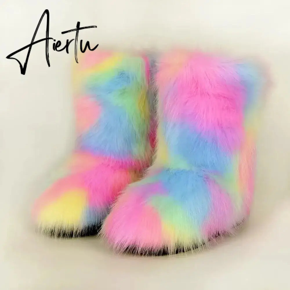 Winter Shoe Women's Winter Fluffy Faux Fox Fur Boots Woman Plush Warm Snow Boots Luxury Footwear Girls' Furry Fur Bottes Fashion Aiertu