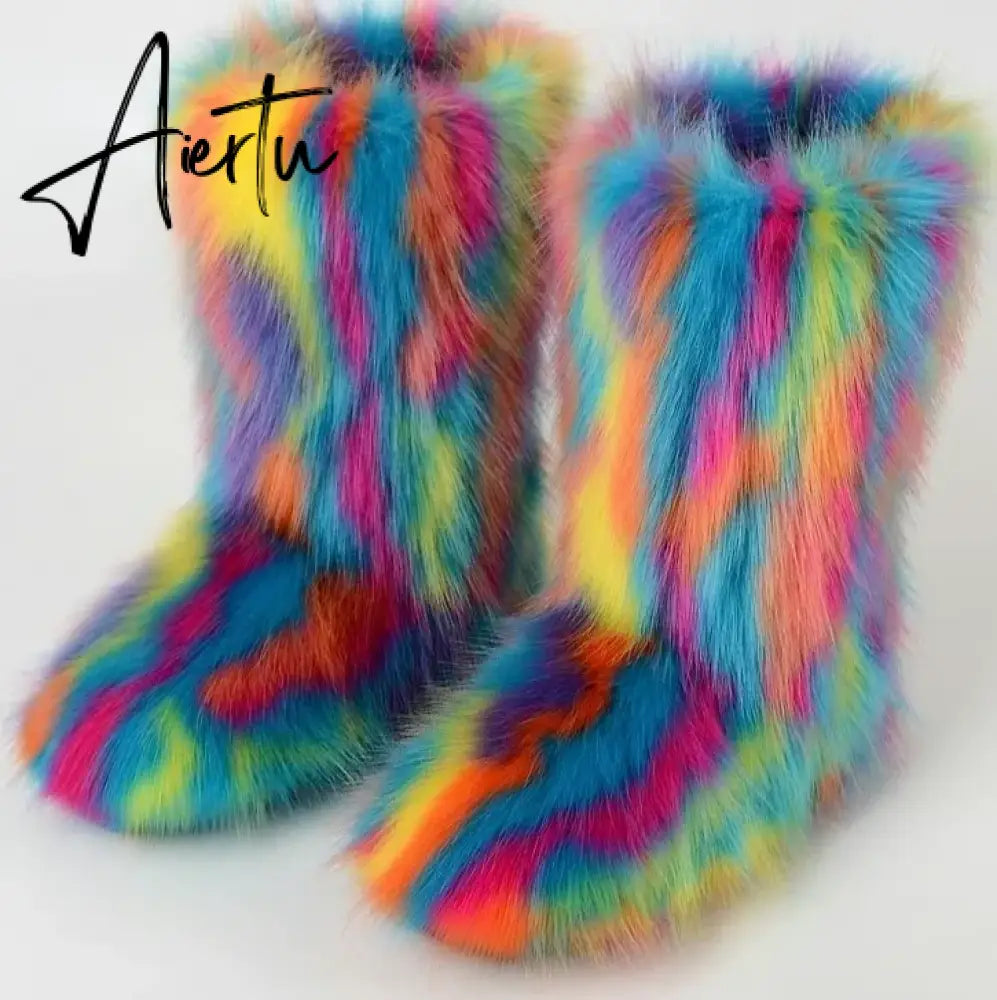 Winter Shoe Women's Winter Fluffy Faux Fox Fur Boots Woman Plush Warm Snow Boots Luxury Footwear Girls' Furry Fur Bottes Fashion Aiertu