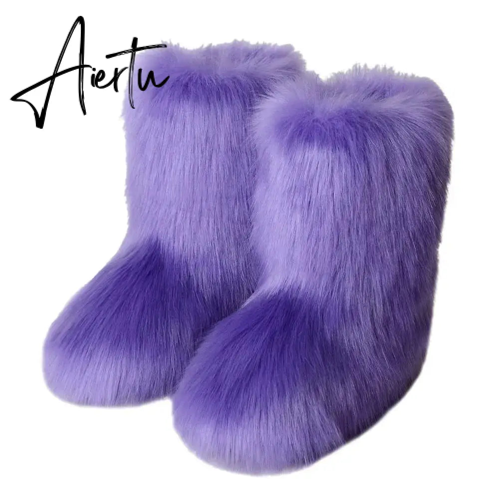 Winter Shoe Women's Winter Fluffy Faux Fox Fur Boots Woman Plush Warm Snow Boots Luxury Footwear Girls' Furry Fur Bottes Fashion Aiertu