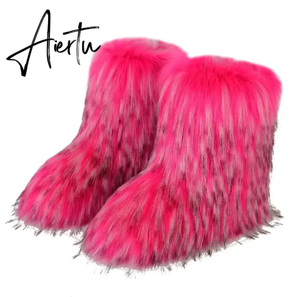 Winter Shoe Women's Winter Fluffy Faux Fox Fur Boots Woman Plush Warm Snow Boots Luxury Footwear Girls' Furry Fur Bottes Fashion Aiertu