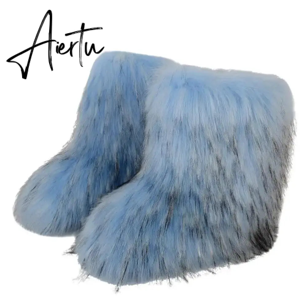 Winter Shoe Women's Winter Fluffy Faux Fox Fur Boots Woman Plush Warm Snow Boots Luxury Footwear Girls' Furry Fur Bottes Fashion Aiertu
