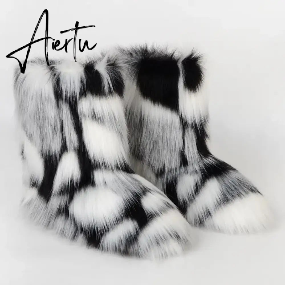 Winter Shoe Women's Winter Fluffy Faux Fox Fur Boots Woman Plush Warm Snow Boots Luxury Footwear Girls' Furry Fur Bottes Fashion Aiertu