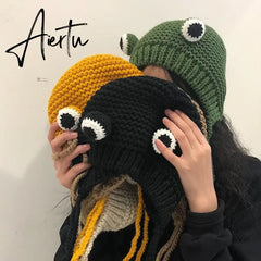 Winter Skullies Female Frog Hat Crochet Warm Knitted Hat Costume Beanie Hats Cap Women Gift Hat Photography Prop Party Aiertu