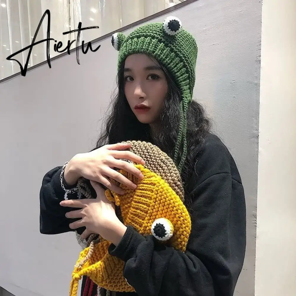 Winter Skullies Female Frog Hat Crochet Warm Knitted Hat Costume Beanie Hats Cap Women Gift Hat Photography Prop Party Aiertu
