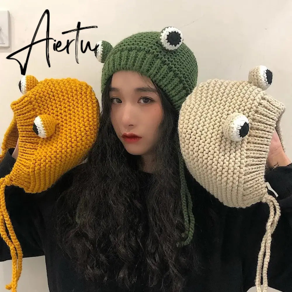 Winter Skullies Female Frog Hat Crochet Warm Knitted Hat Costume Beanie Hats Cap Women Gift Hat Photography Prop Party Aiertu