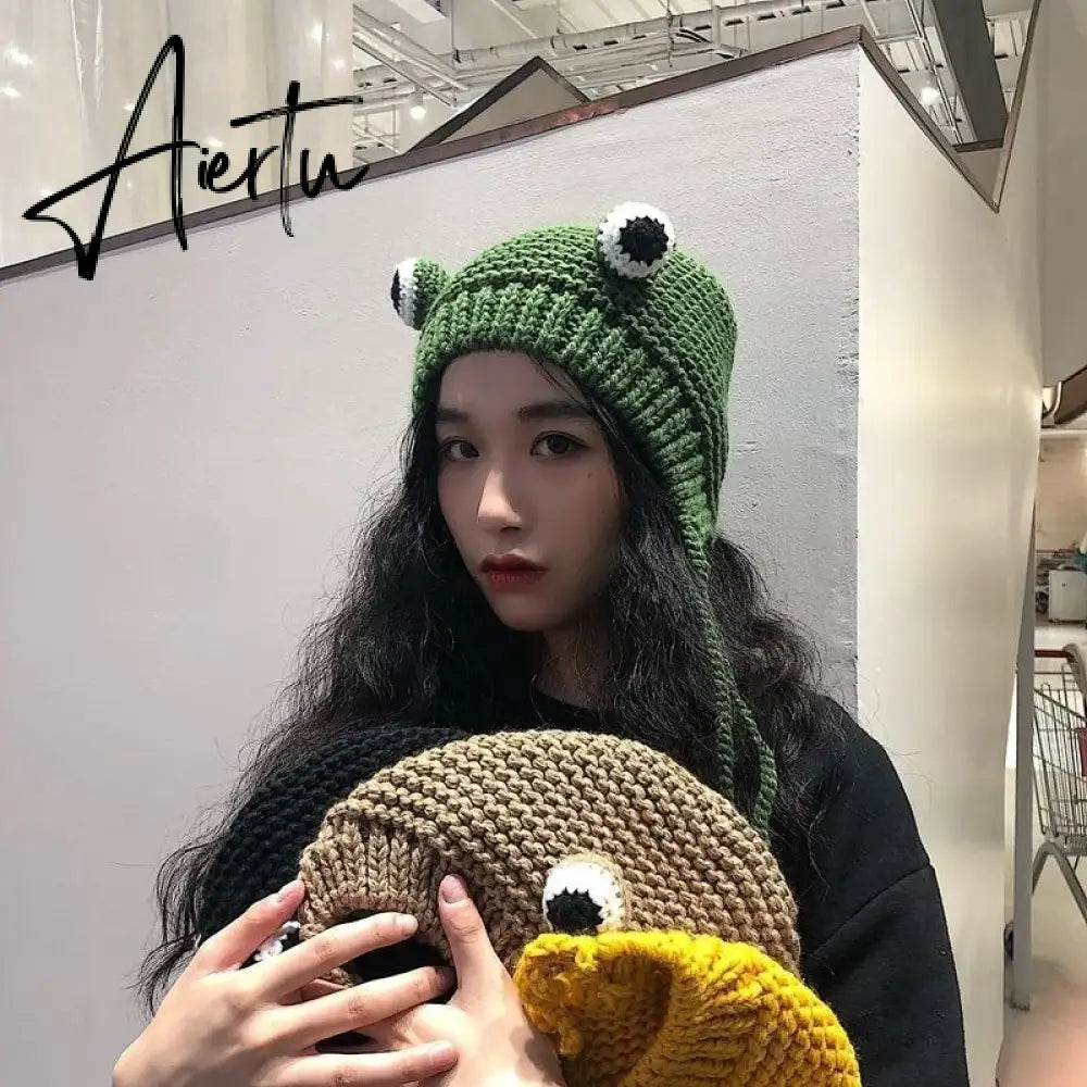 Winter Skullies Female Frog Hat Crochet Warm Knitted Hat Costume Beanie Hats Cap Women Gift Hat Photography Prop Party Aiertu