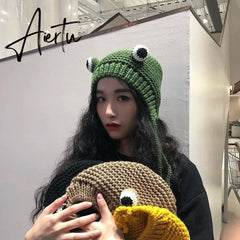 Winter Skullies Female Frog Hat Crochet Warm Knitted Hat Costume Beanie Hats Cap Women Gift Hat Photography Prop Party Aiertu