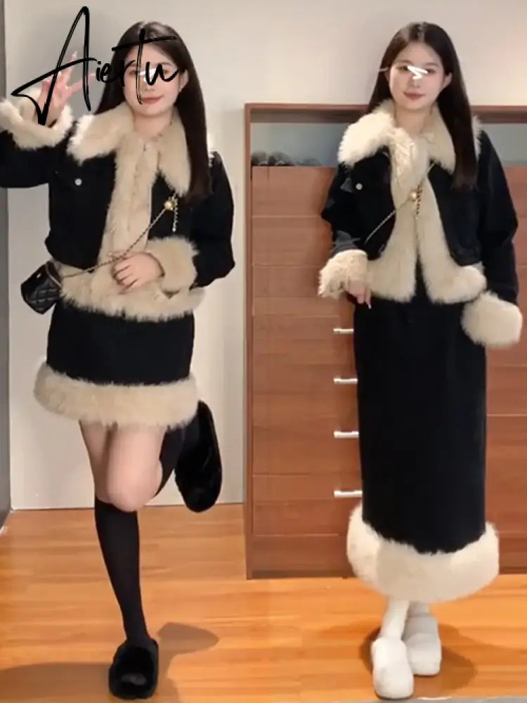 Winter Warm Black Elegant Clothing Suit Korean Fashion 2 Piece Set Thicken Coat Jacket + Slim Mini Skirt Woman Comfortable Aiertu