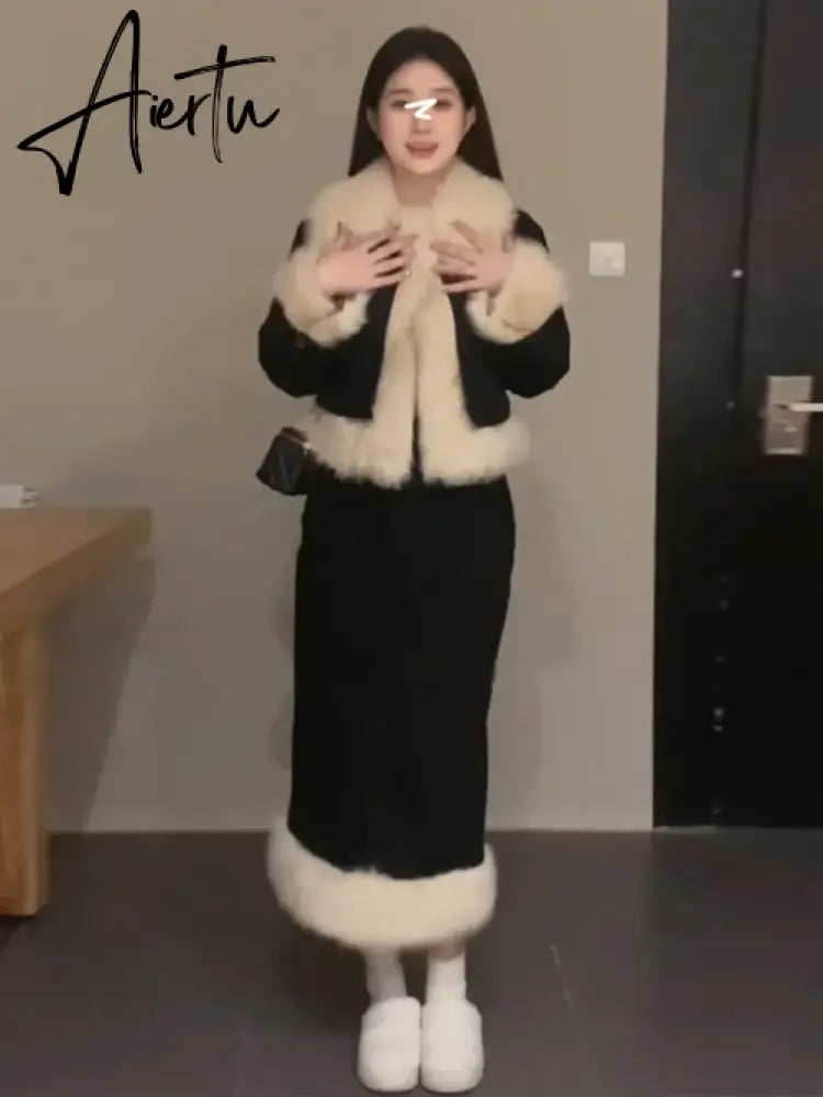 Winter Warm Black Elegant Clothing Suit Korean Fashion 2 Piece Set Thicken Coat Jacket + Slim Mini Skirt Woman Comfortable Aiertu