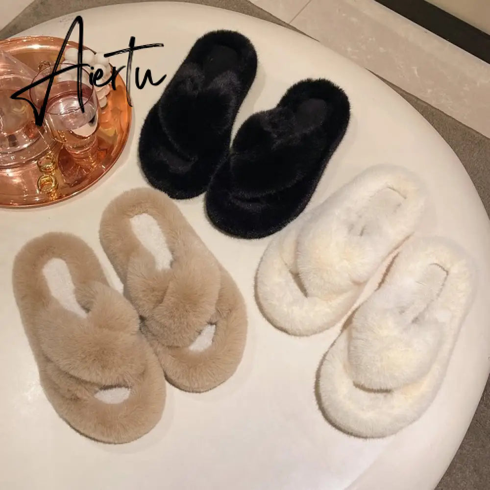 Winter Warm Fashion Slipper Women Modern Slides Outside Design Fluffy Slippers Indoor Soft Plush Shoes Women Warm Slippers Aiertu