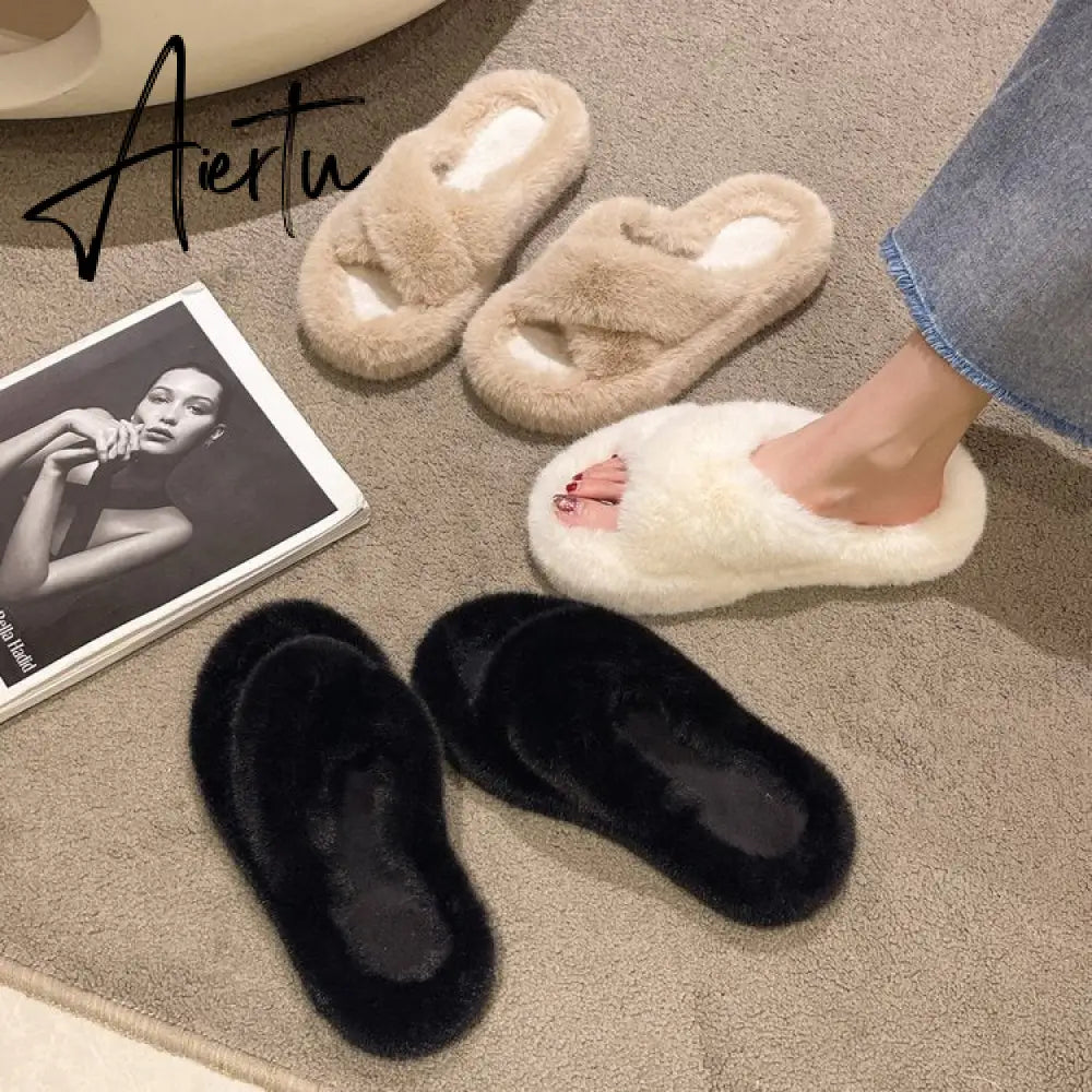 Winter Warm Fashion Slipper Women Modern Slides Outside Design Fluffy Slippers Indoor Soft Plush Shoes Women Warm Slippers Aiertu