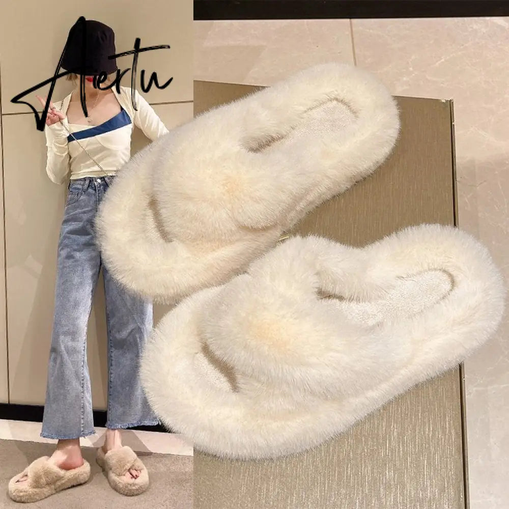 Winter Warm Fashion Slipper Women Modern Slides Outside Design Fluffy Slippers Indoor Soft Plush Shoes Women Warm Slippers Aiertu