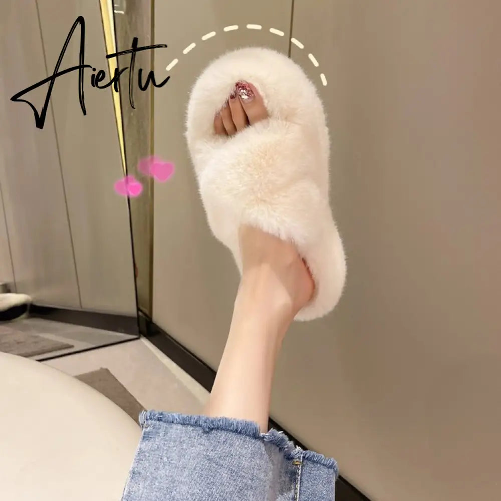 Winter Warm Fashion Slipper Women Modern Slides Outside Design Fluffy Slippers Indoor Soft Plush Shoes Women Warm Slippers Aiertu