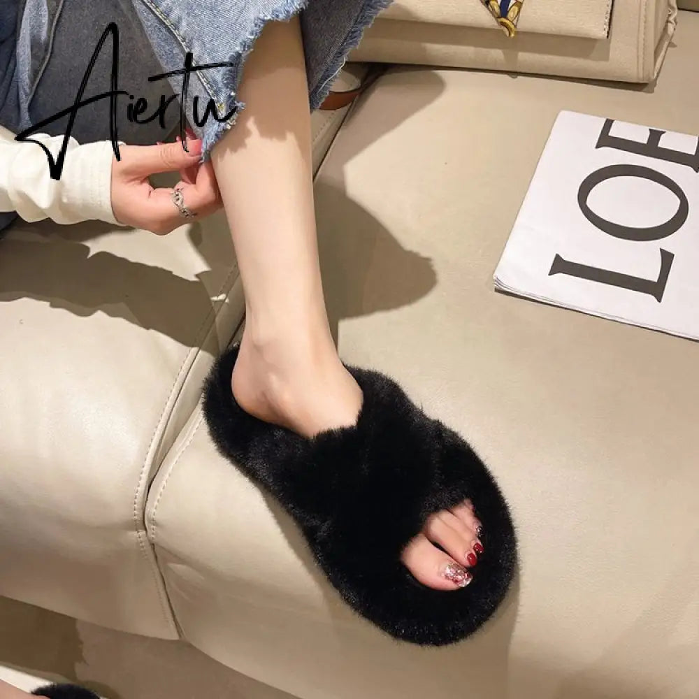 Winter Warm Fashion Slipper Women Modern Slides Outside Design Fluffy Slippers Indoor Soft Plush Shoes Women Warm Slippers Aiertu