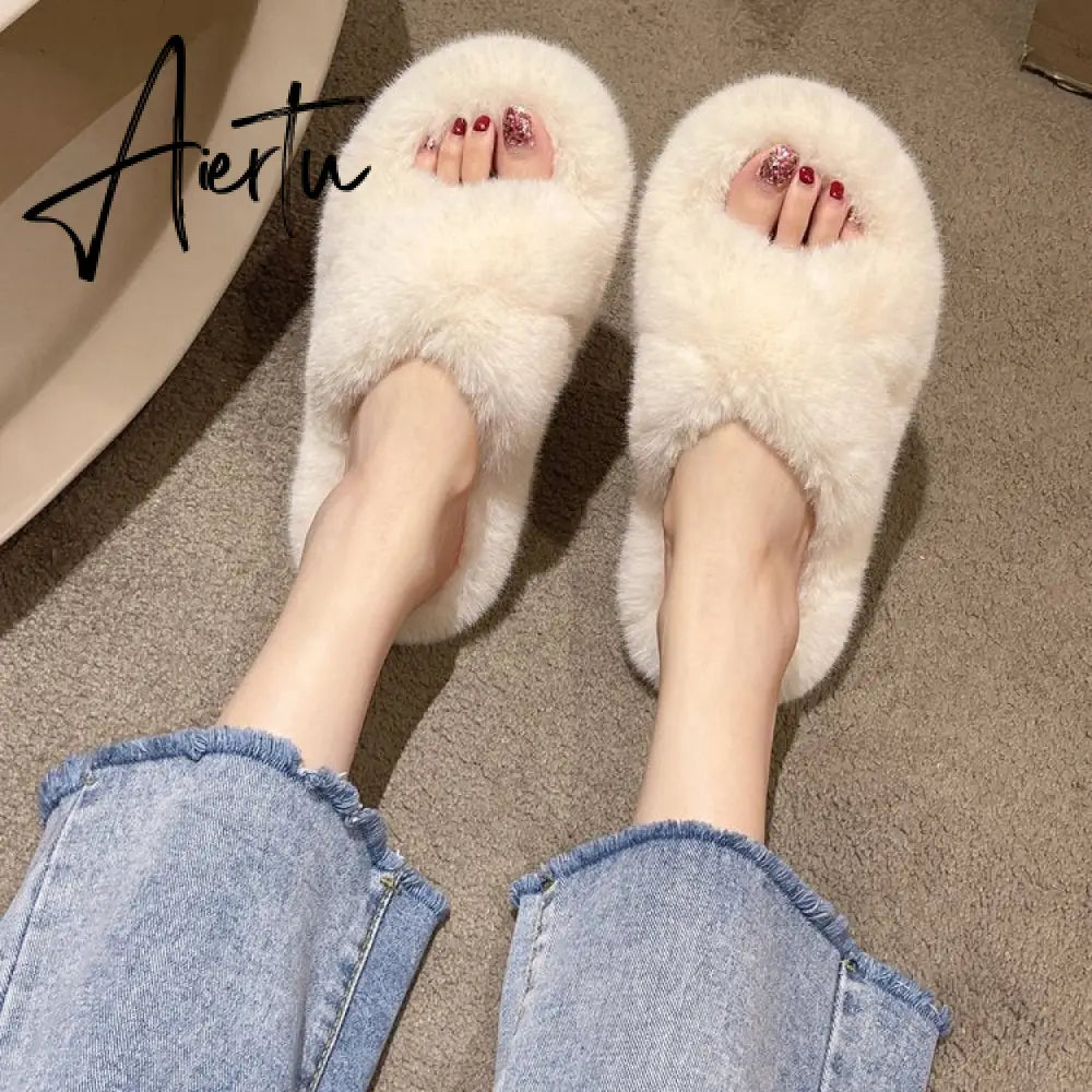 Winter Warm Fashion Slipper Women Modern Slides Outside Design Fluffy Slippers Indoor Soft Plush Shoes Women Warm Slippers Aiertu
