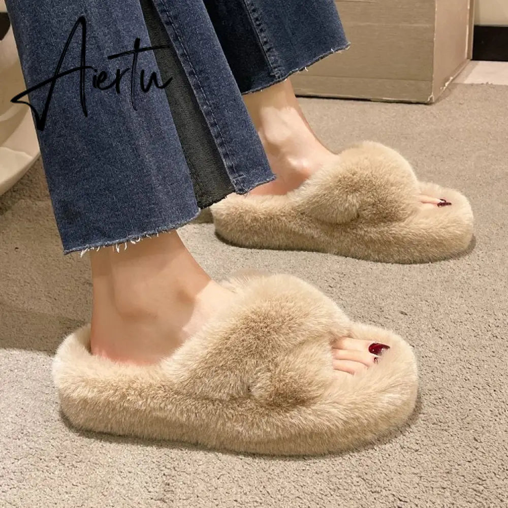 Winter Warm Fashion Slipper Women Modern Slides Outside Design Fluffy Slippers Indoor Soft Plush Shoes Women Warm Slippers Aiertu
