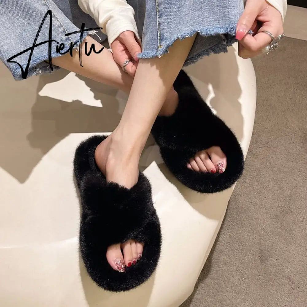 Winter Warm Fashion Slipper Women Modern Slides Outside Design Fluffy Slippers Indoor Soft Plush Shoes Women Warm Slippers Aiertu