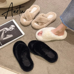 Winter Warm Fashion Slipper Women Modern Slides Outside Design Fluffy Slippers Indoor Soft Plush Shoes Women Warm Slippers Aiertu