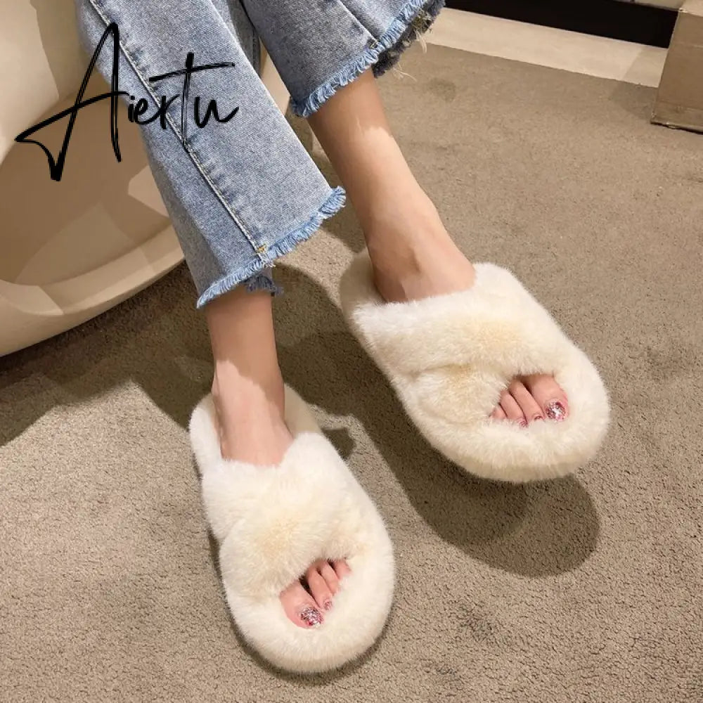 Winter Warm Fashion Slipper Women Modern Slides Outside Design Fluffy Slippers Indoor Soft Plush Shoes Women Warm Slippers Aiertu