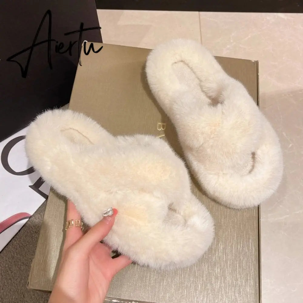 Winter Warm Fashion Slipper Women Modern Slides Outside Design Fluffy Slippers Indoor Soft Plush Shoes Women Warm Slippers Aiertu