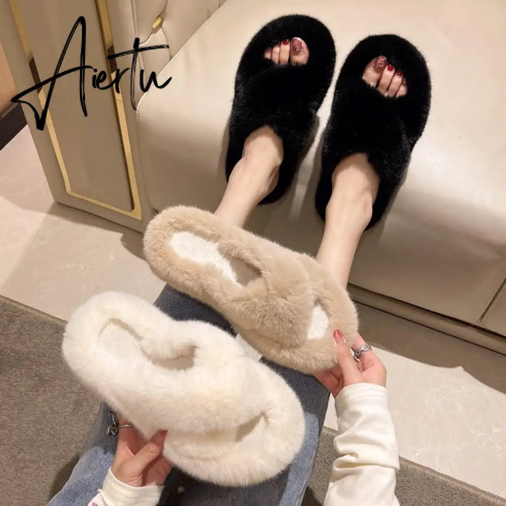 Winter Warm Fashion Slipper Women Modern Slides Outside Design Fluffy Slippers Indoor Soft Plush Shoes Women Warm Slippers Aiertu