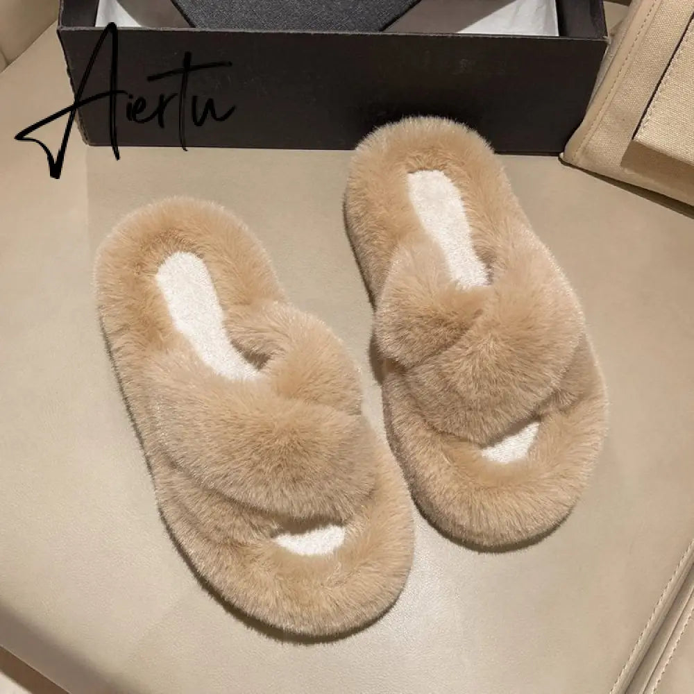 Winter Warm Fashion Slipper Women Modern Slides Outside Design Fluffy Slippers Indoor Soft Plush Shoes Women Warm Slippers Aiertu