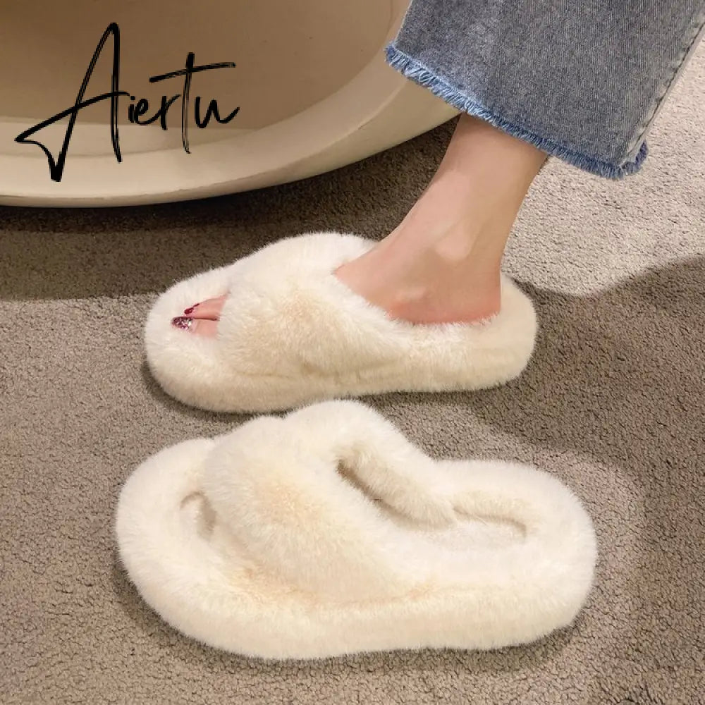 Winter Warm Fashion Slipper Women Modern Slides Outside Design Fluffy Slippers Indoor Soft Plush Shoes Women Warm Slippers Aiertu