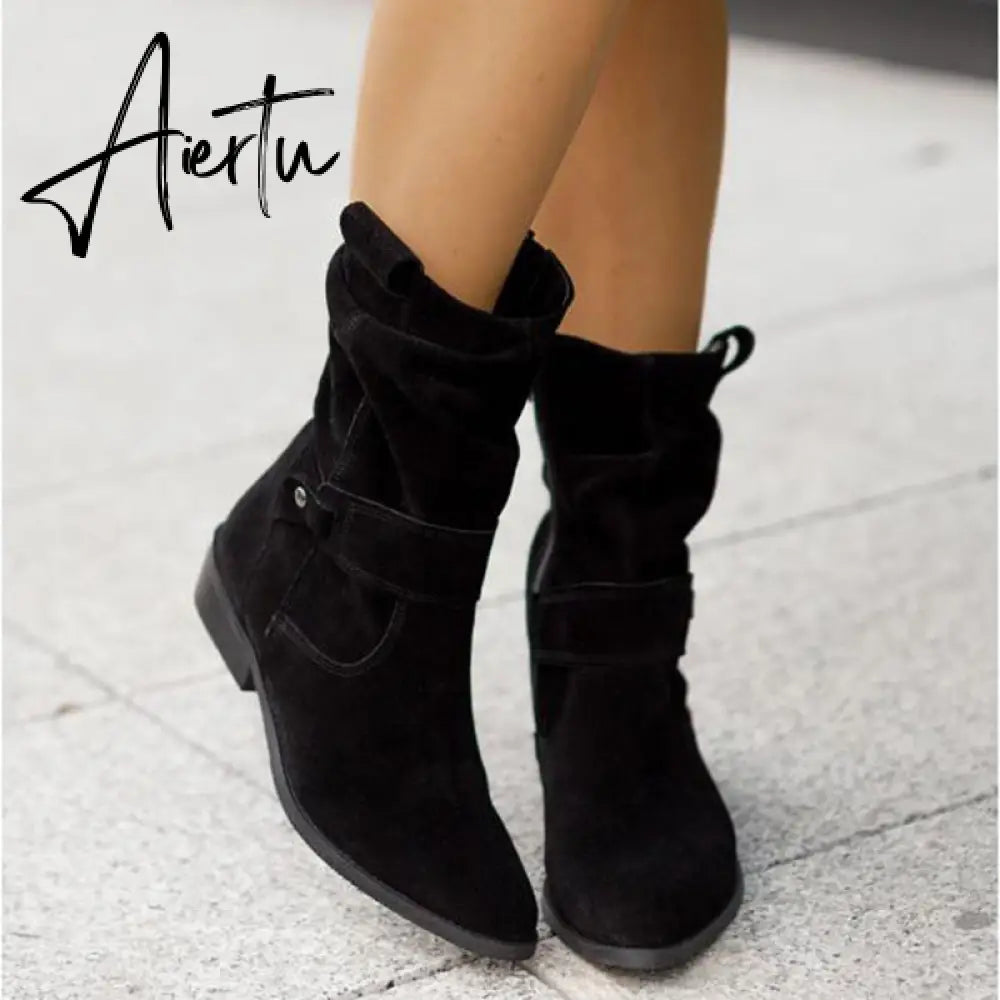 Winter Warm Suede Women Boots Vintage Zipper Shoes Buckle Lady Mid-Calf Boot Outdoor Thick Low Heel Female Pointed Booties Aiertu