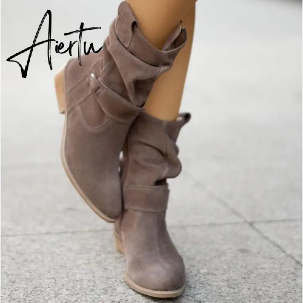Winter Warm Suede Women Boots Vintage Zipper Shoes Buckle Lady Mid-Calf Boot Outdoor Thick Low Heel Female Pointed Booties Aiertu