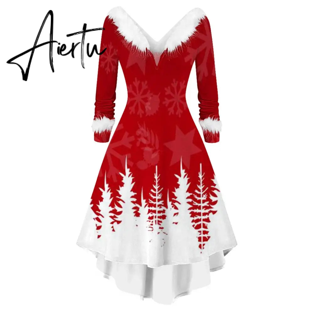 Winter Women Christmas Dress Faur Fax Collar Long Sleeves Cocktail Party Dress Xmas New Year Evening Flowy Elegant Prom Dresses Aiertu
